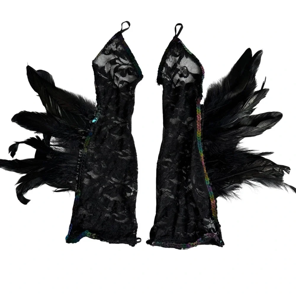 Black Gothic Lace Feather Fingerless Gloves Iridescent Sequin Whimsygoth